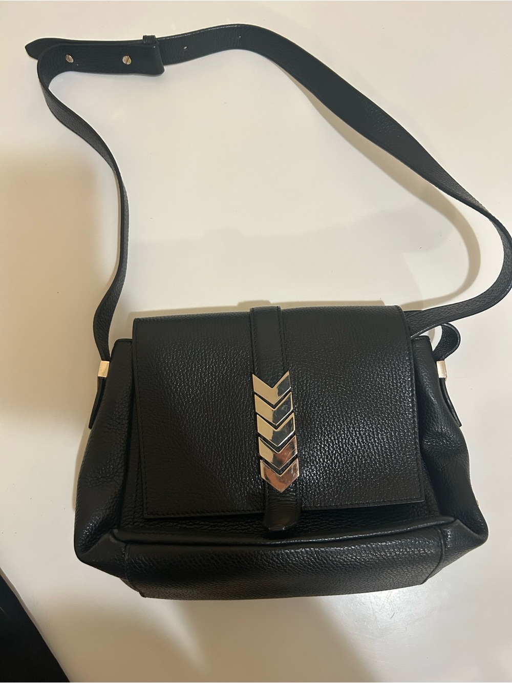 Versace Collection Black Leather Crossbody with Gold Chevron Accents